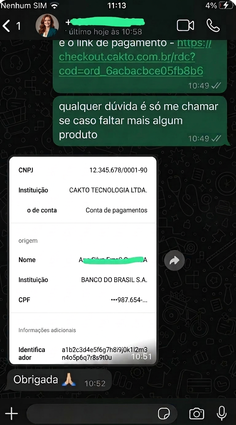 Depoimento em conversa do WhatsApp com confirmação e agradecimento da cliente